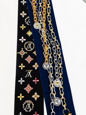 Louis Vuitton Black & Navy Silk Twilly with Gold Chain and Monogram Motifs